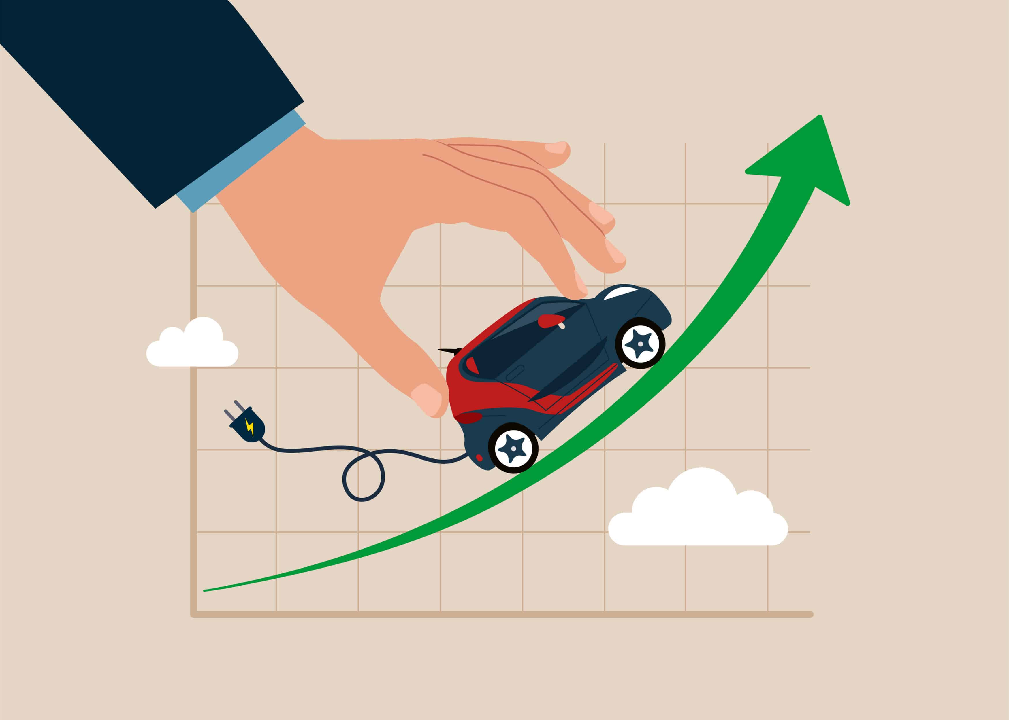 businessman plays with electric car on rising up green stock market arrow graph. electric car stock pice soaring. flat vector illustration Fuhrpark News 032024 Beitrag Elektromobilität